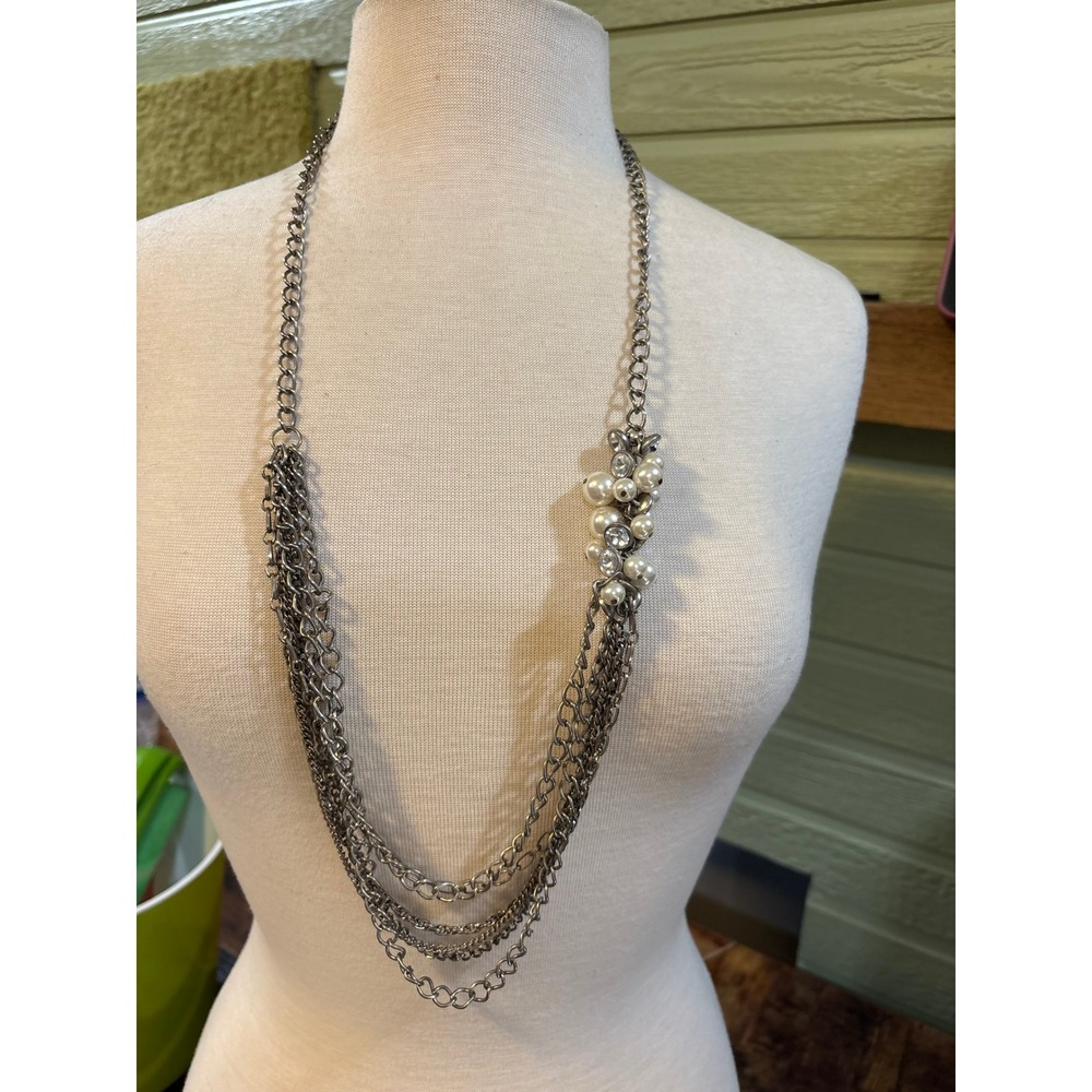 Gunmetal‎ Multi Strand Layered Necklace Faux Pearl Rhinestone Statement